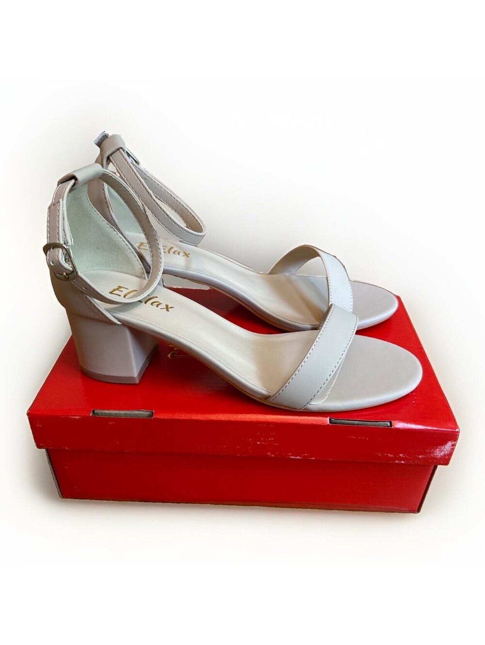 NIB El Elax Stylish Nude Beige Chunky Block Heel Ankle Strap Size 7B